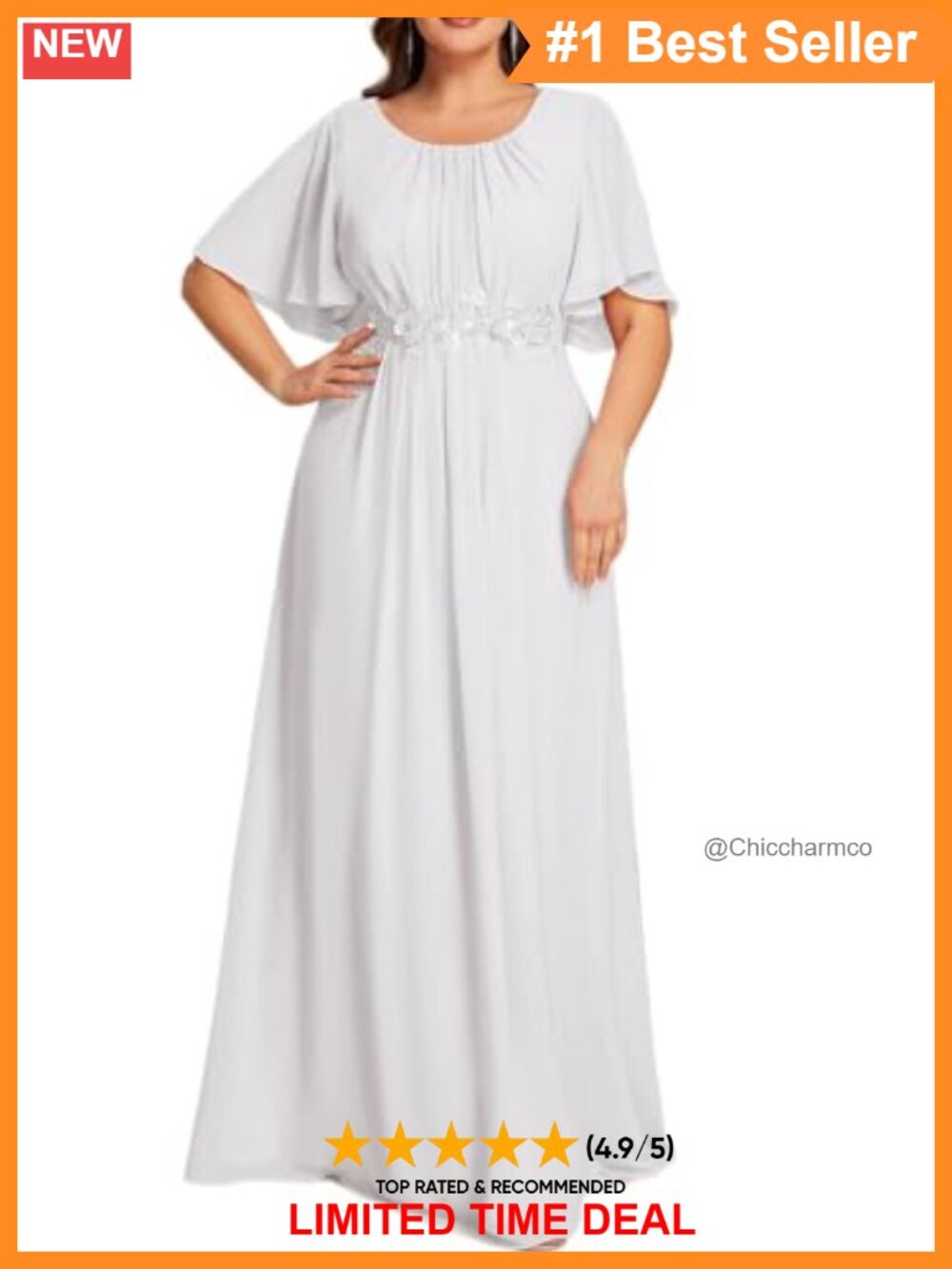 Chiffon Formal Evening Dress Ruffle Sleeve Applique Waist Floor Length
